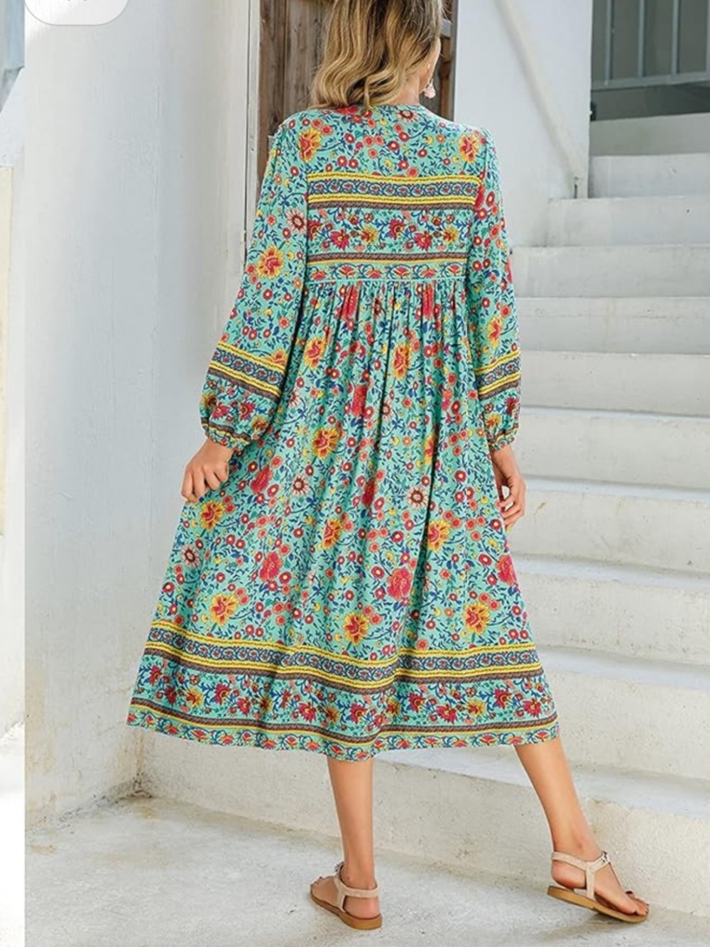 R Vivimos Boho Floral Midi Dress Womens M Teal Tassel Tie V Neck NWT Peasant A4 - Picture 6 of 15